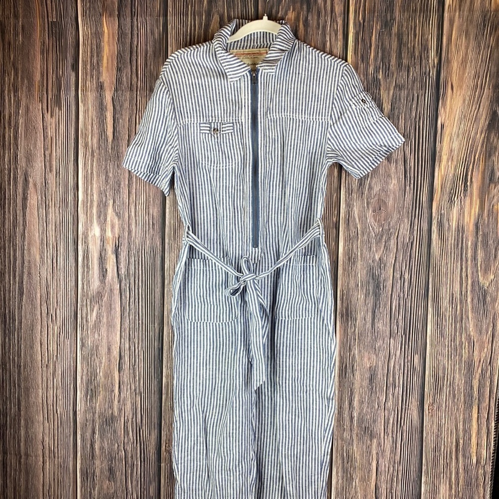Woman’s Cartonnier Blue & White Pin Striped Belted & Shortsleeved Jumpsuit- XS